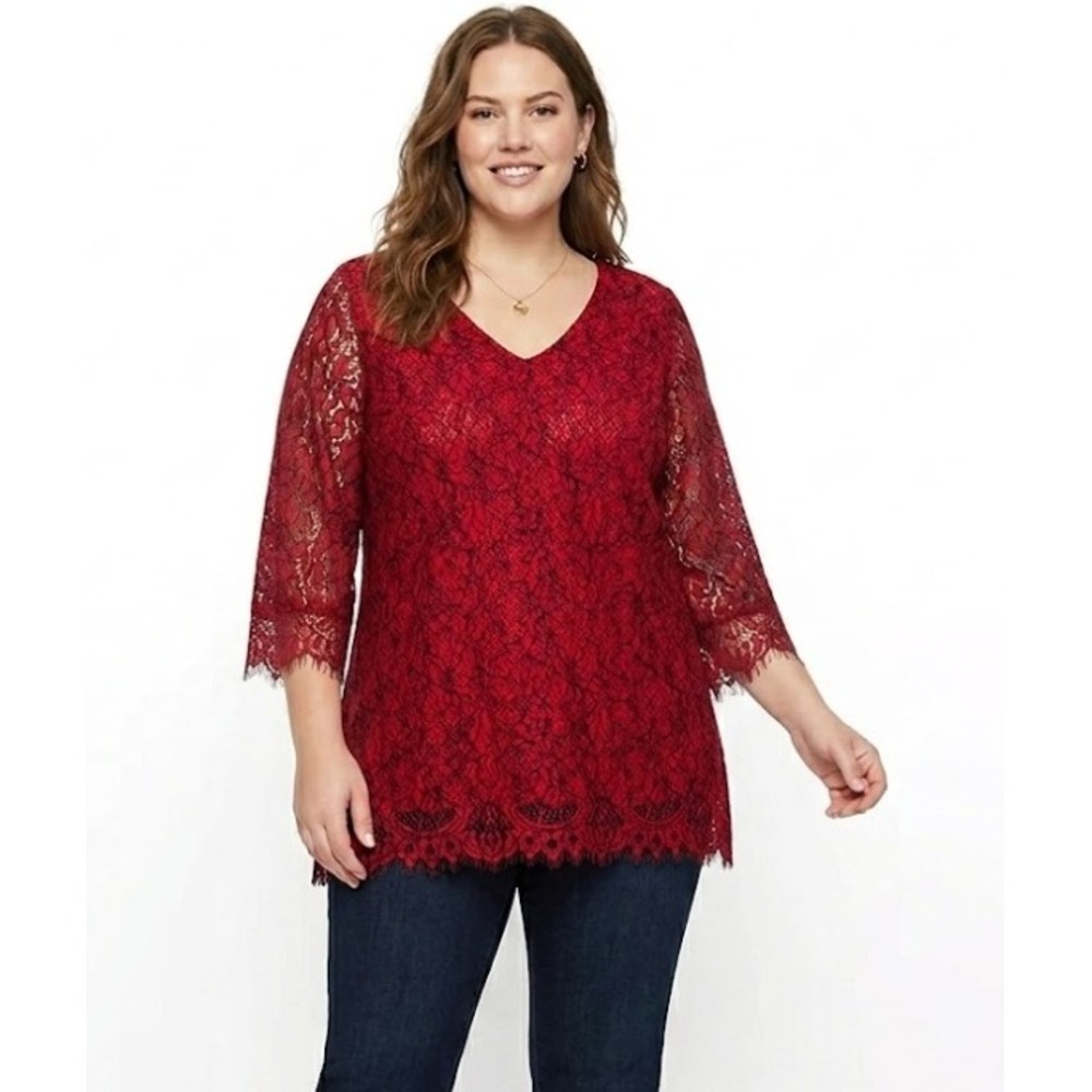 Isaac Mizrahi Large Floral Lace V Neck Balloon Sleeve Stretch Feminine Blouse